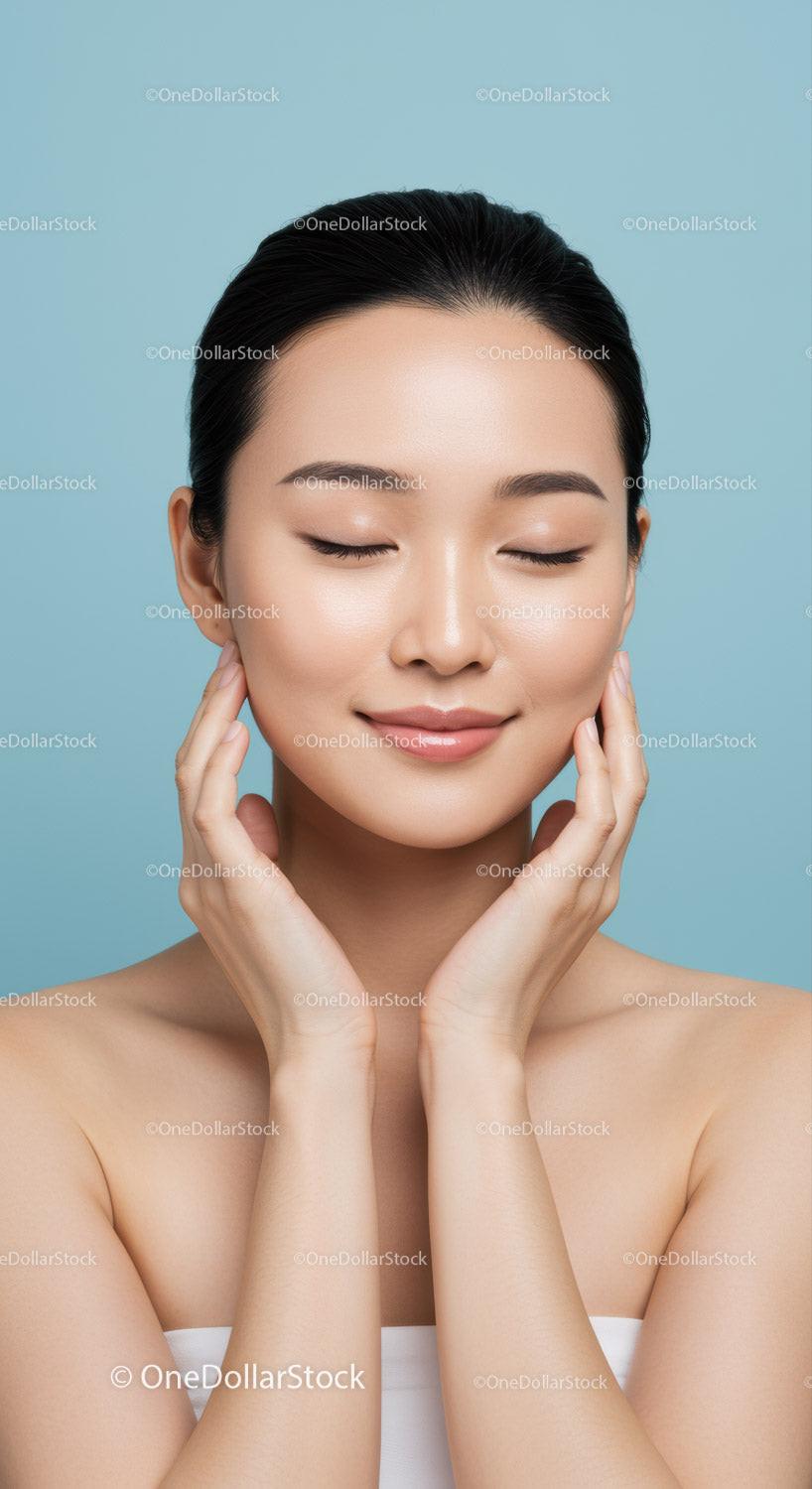 Portrait of an Asian Woman with Flawless Skin and Serene Smile