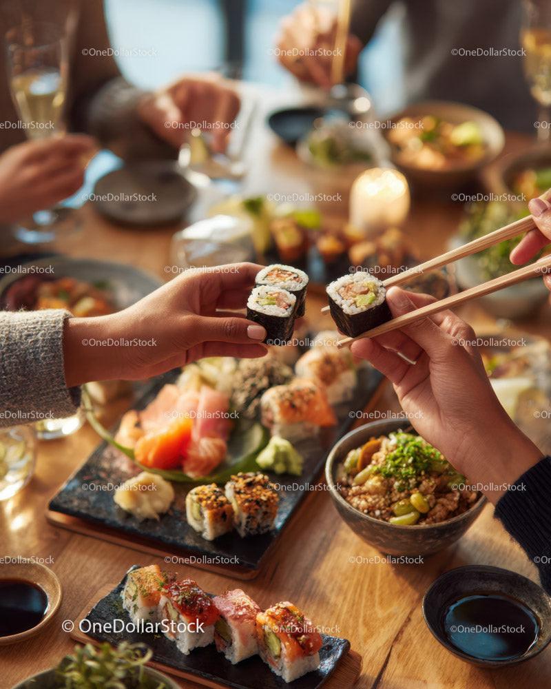 Diverse group of friends enjoying colorful sushi in modern restaurant Stock Photo Bundle preview 12