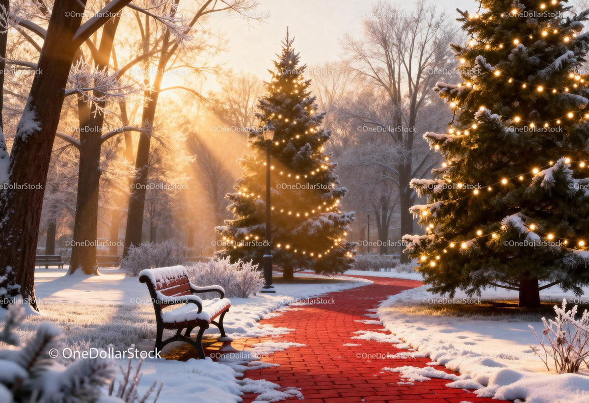 Snowy park path with glowing Christmas tree lights