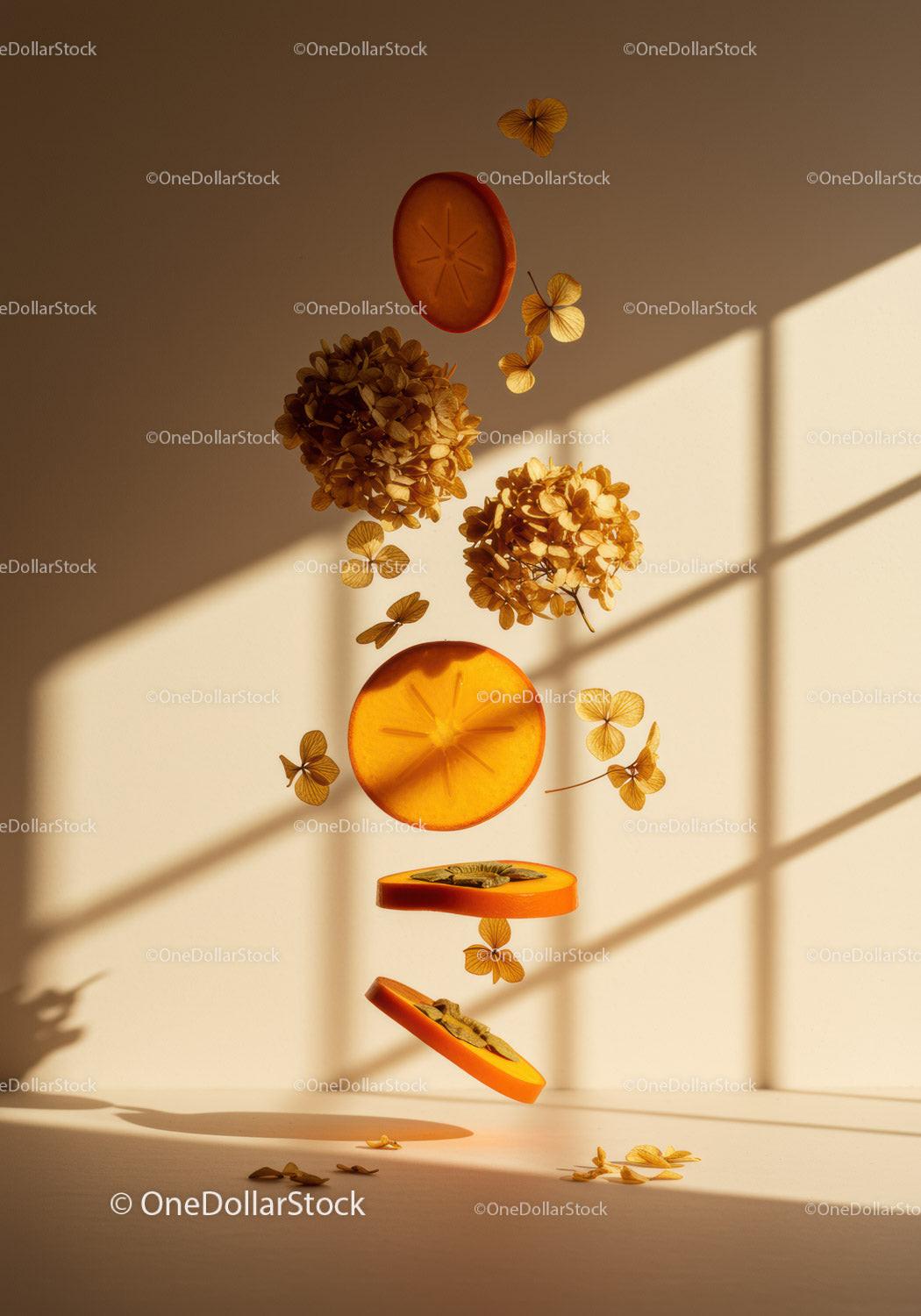 Floating persimmon slices with dried hydrangea flowers