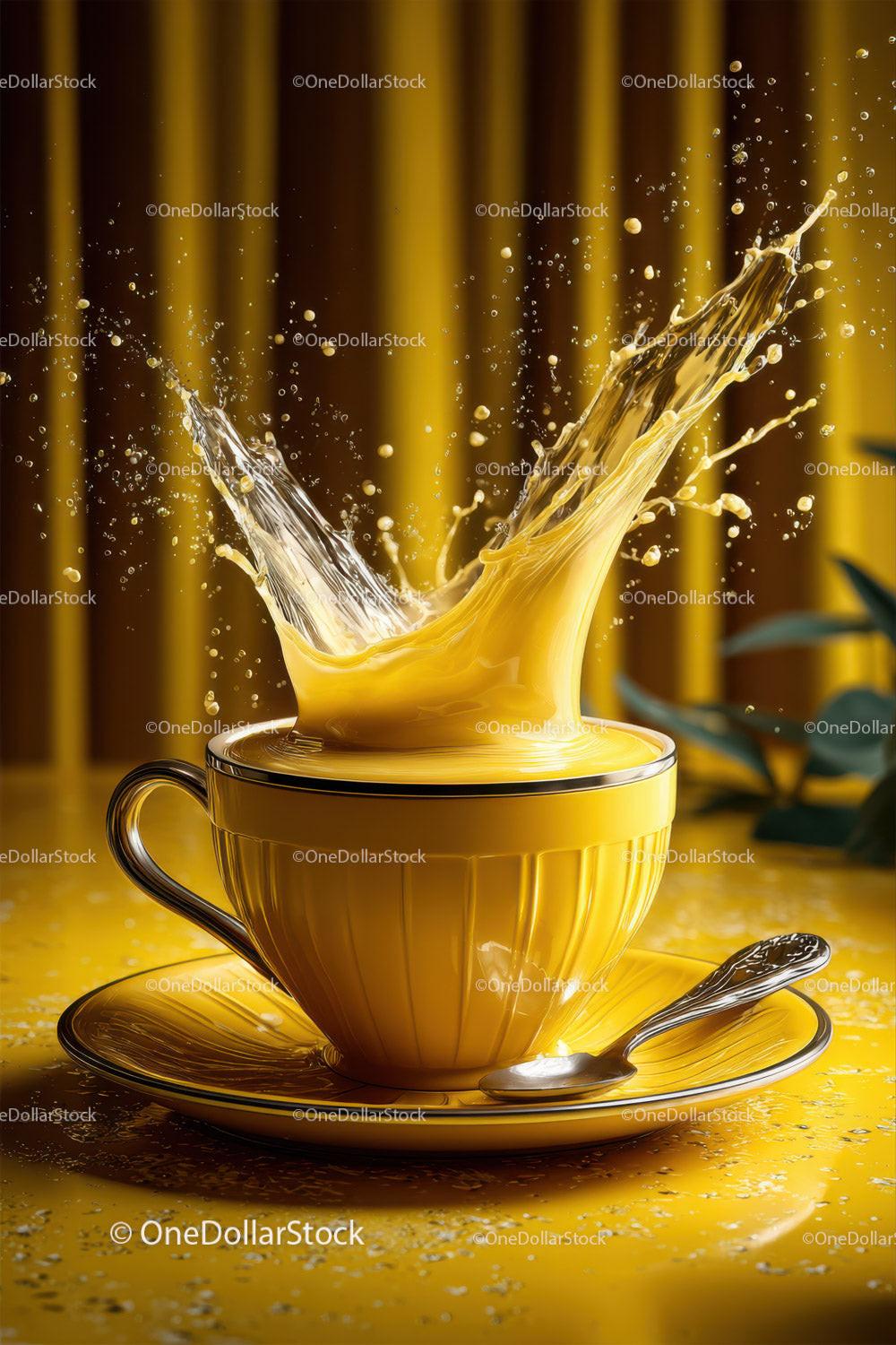Vibrant Coffee Splash with Bright Yellow Background and Dynamic Motion