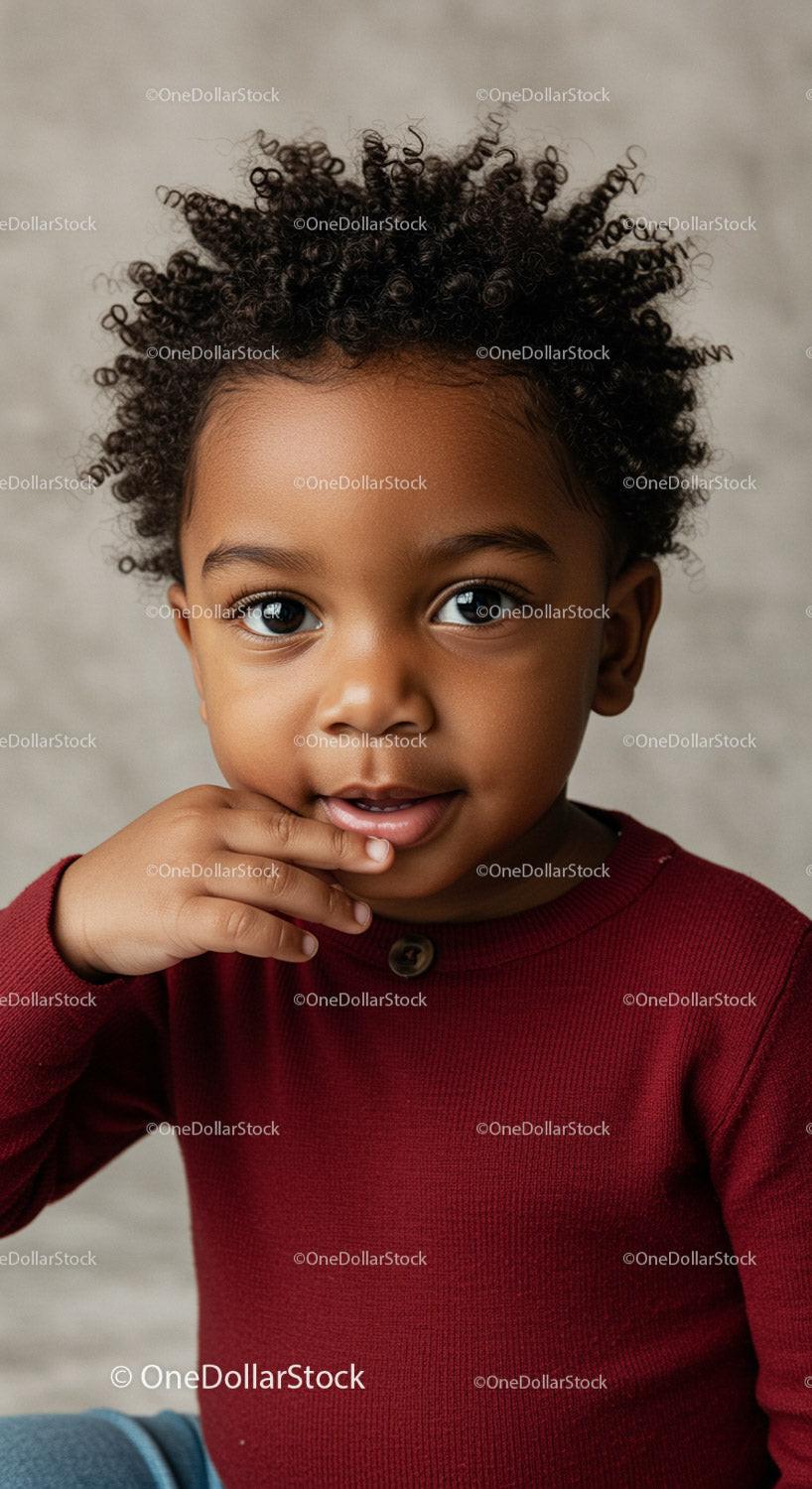 Young child with joyful expression and curly hair