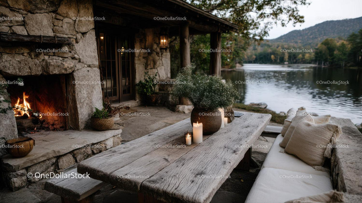 Cozy Rustic Outdoor Patio with Lake View and Candles