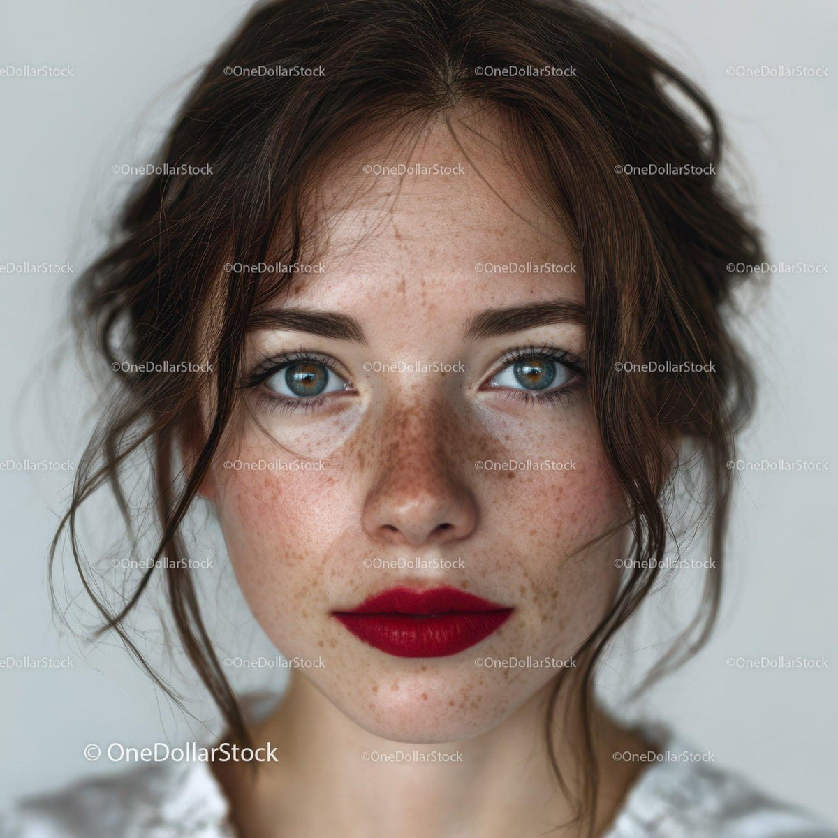 Portrait of a Young Woman with Blue Eyes and Freckles