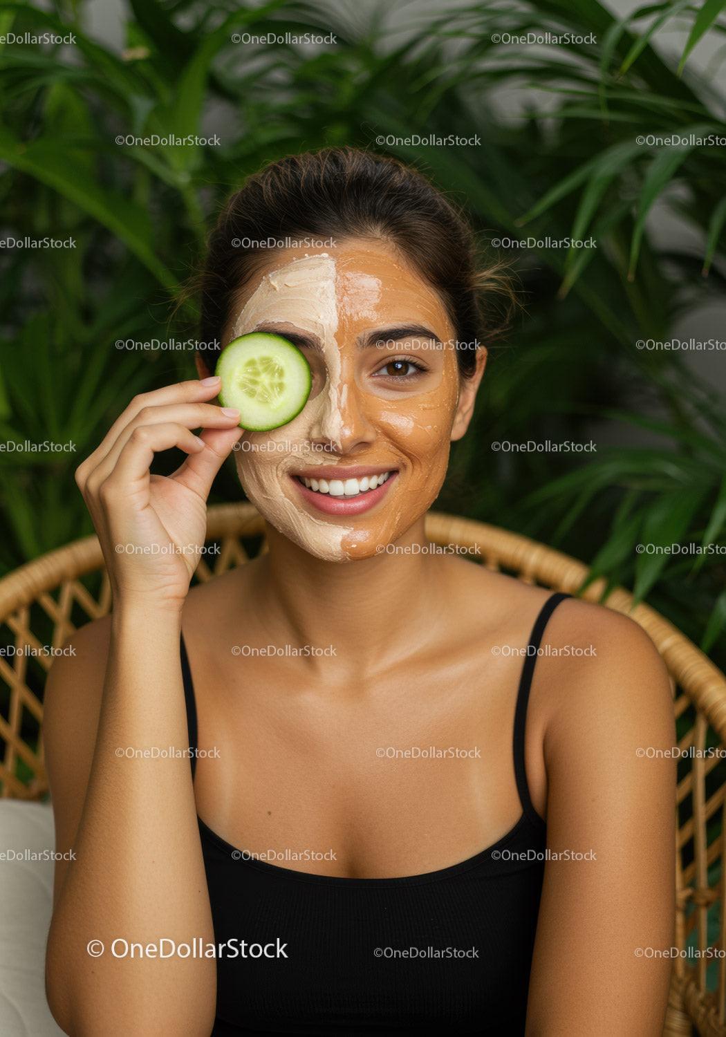Young Woman with Homemade Cucumber Facial Mask Relaxing in Spa