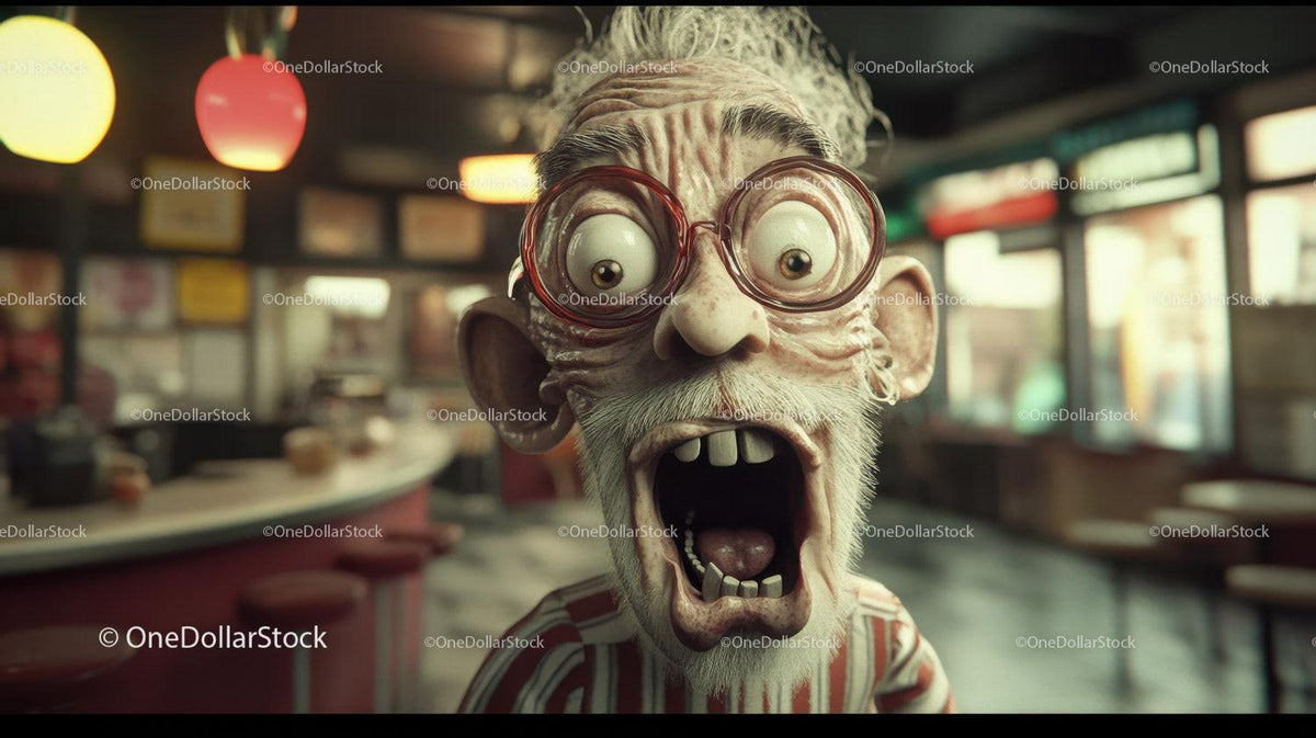 Elderly man with large red glasses and open mouth in diner background