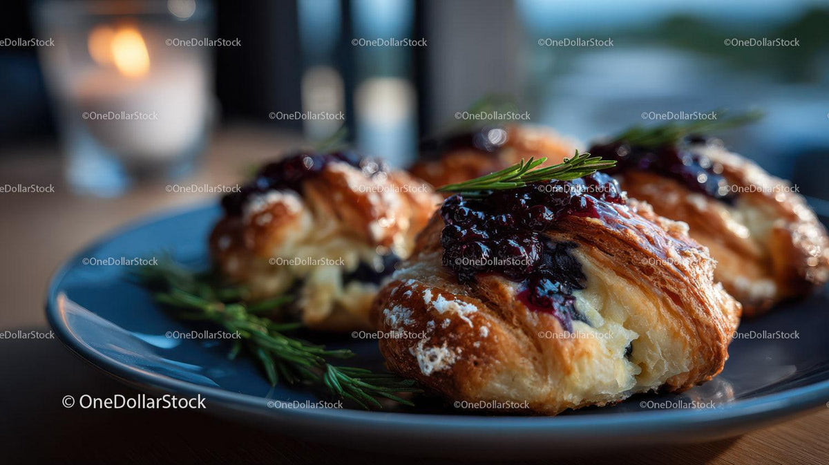 Fresh Croissants with Blueberry Jam and Rosemary Garnish