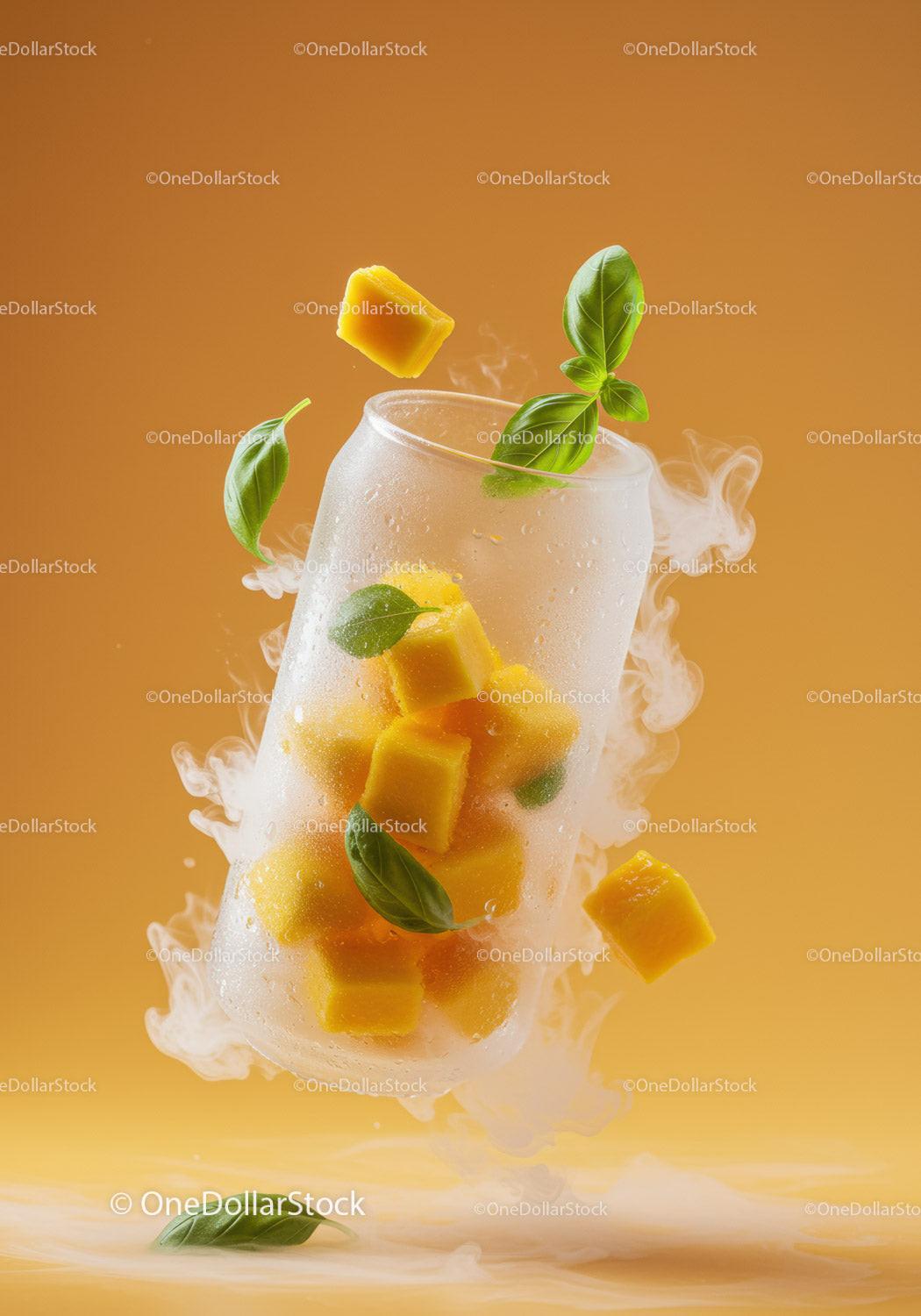 Refreshing mango cubes with basil in frosted glass