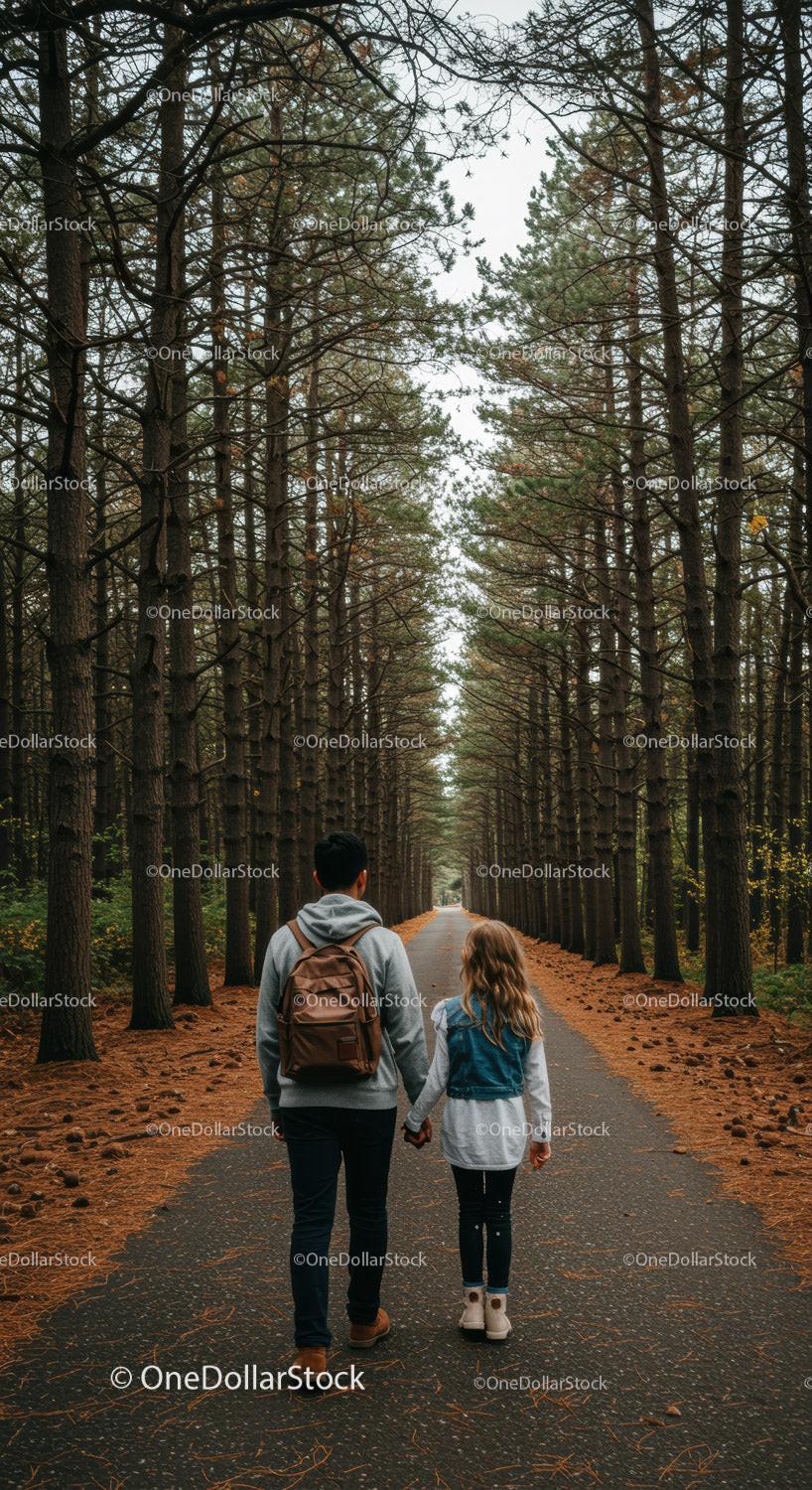 Father and daughter walking hand in hand in forest