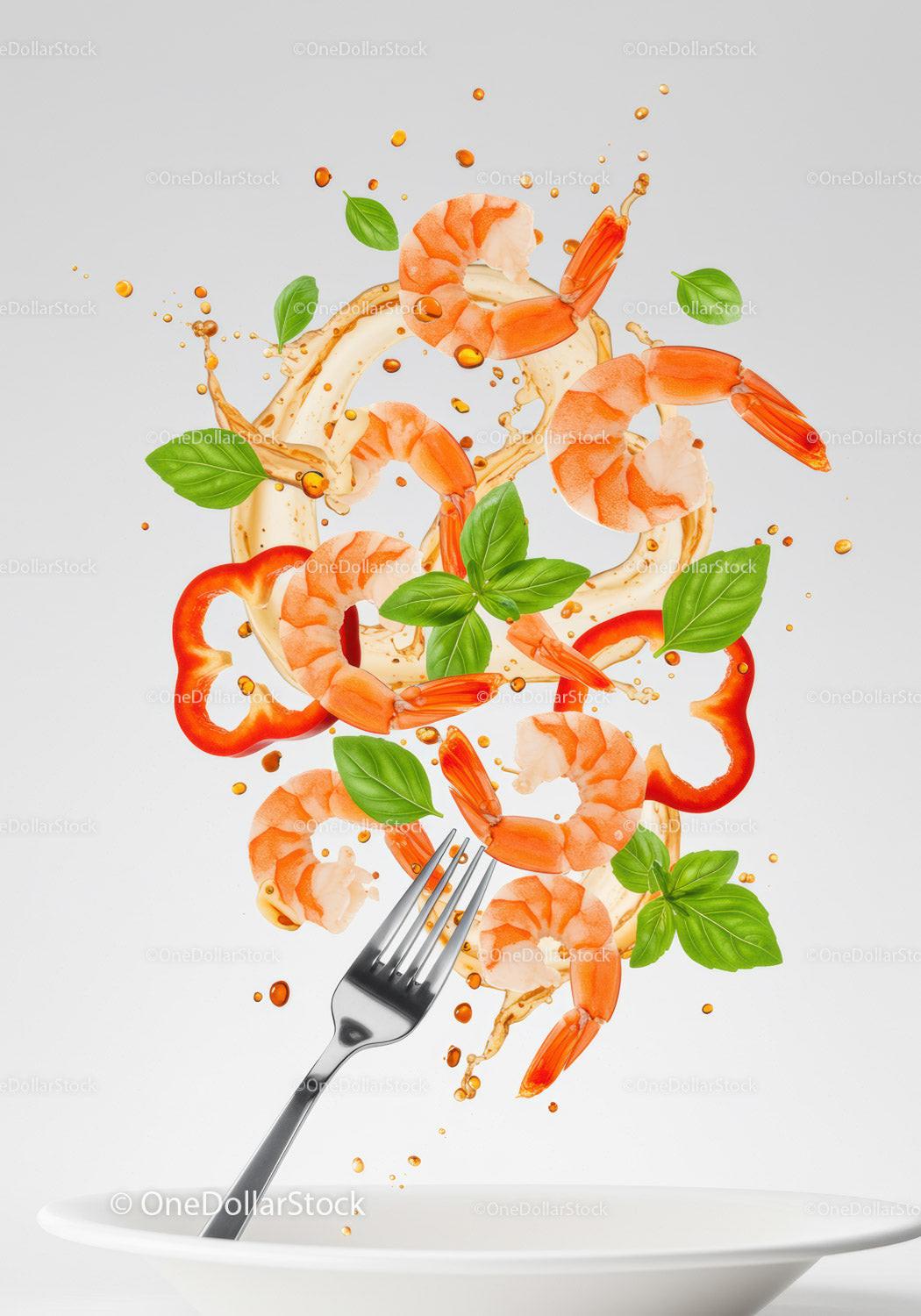 Fresh shrimp salad ingredients swirling over white plate