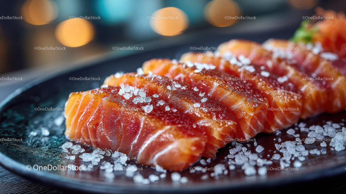 Fresh Sliced Smoked Salmon with Herbs and Sea Salt on Black Plate Stock Photo Bundle preview 19