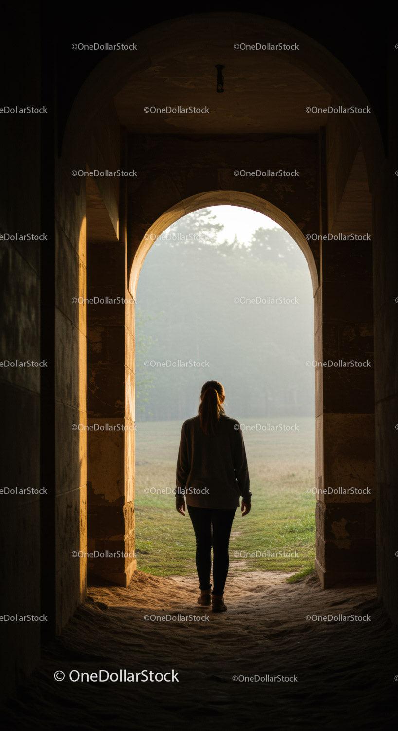 Woman standing in archway looking at misty nature landscape