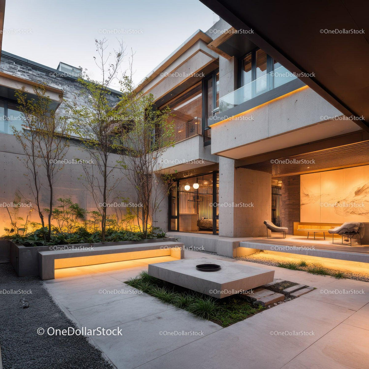 Modern minimalist villa with outdoor garden and stylish lighting