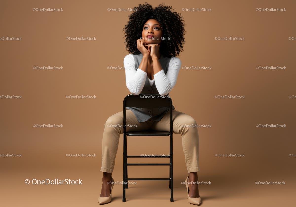 Elegant Woman Sitting on Chair in Fashionable Outfit with Beige Background