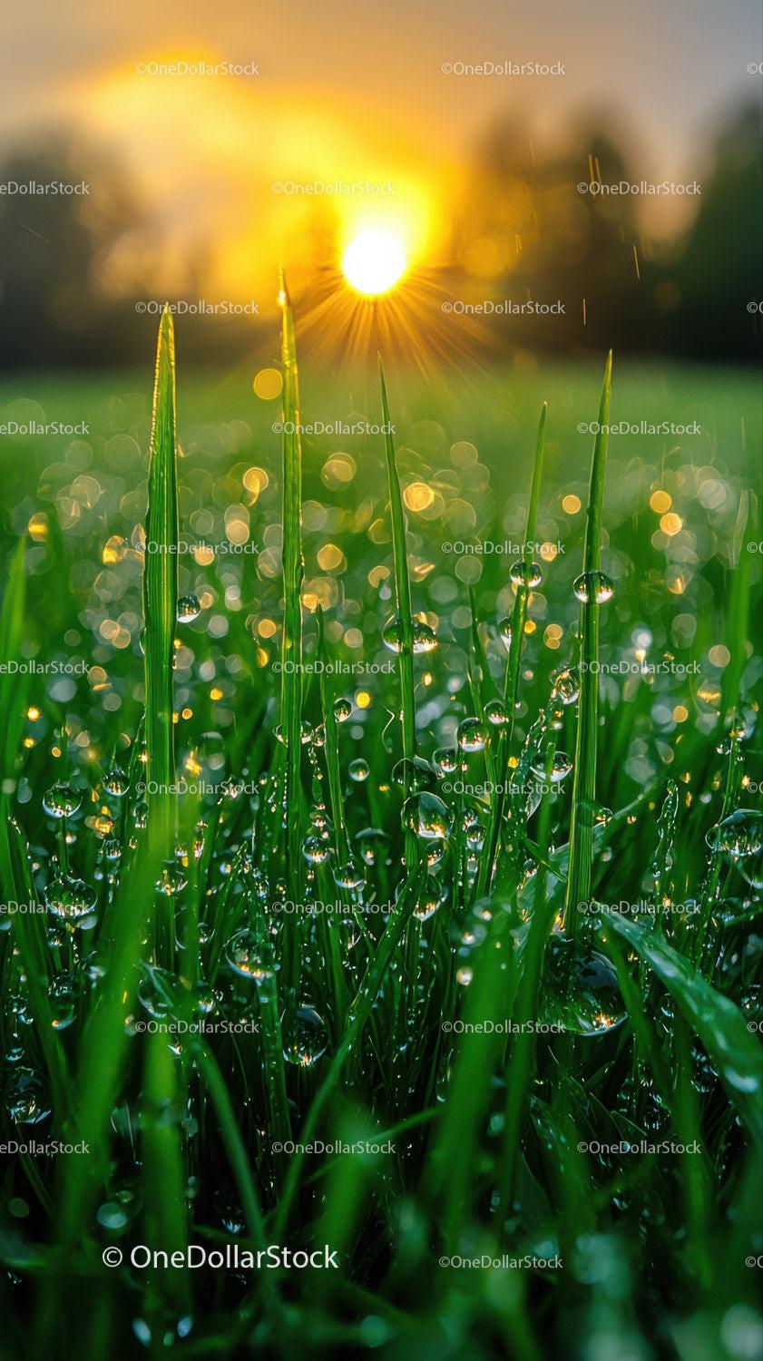 Dewy Grass with Morning Sunlight and Bokeh Effect