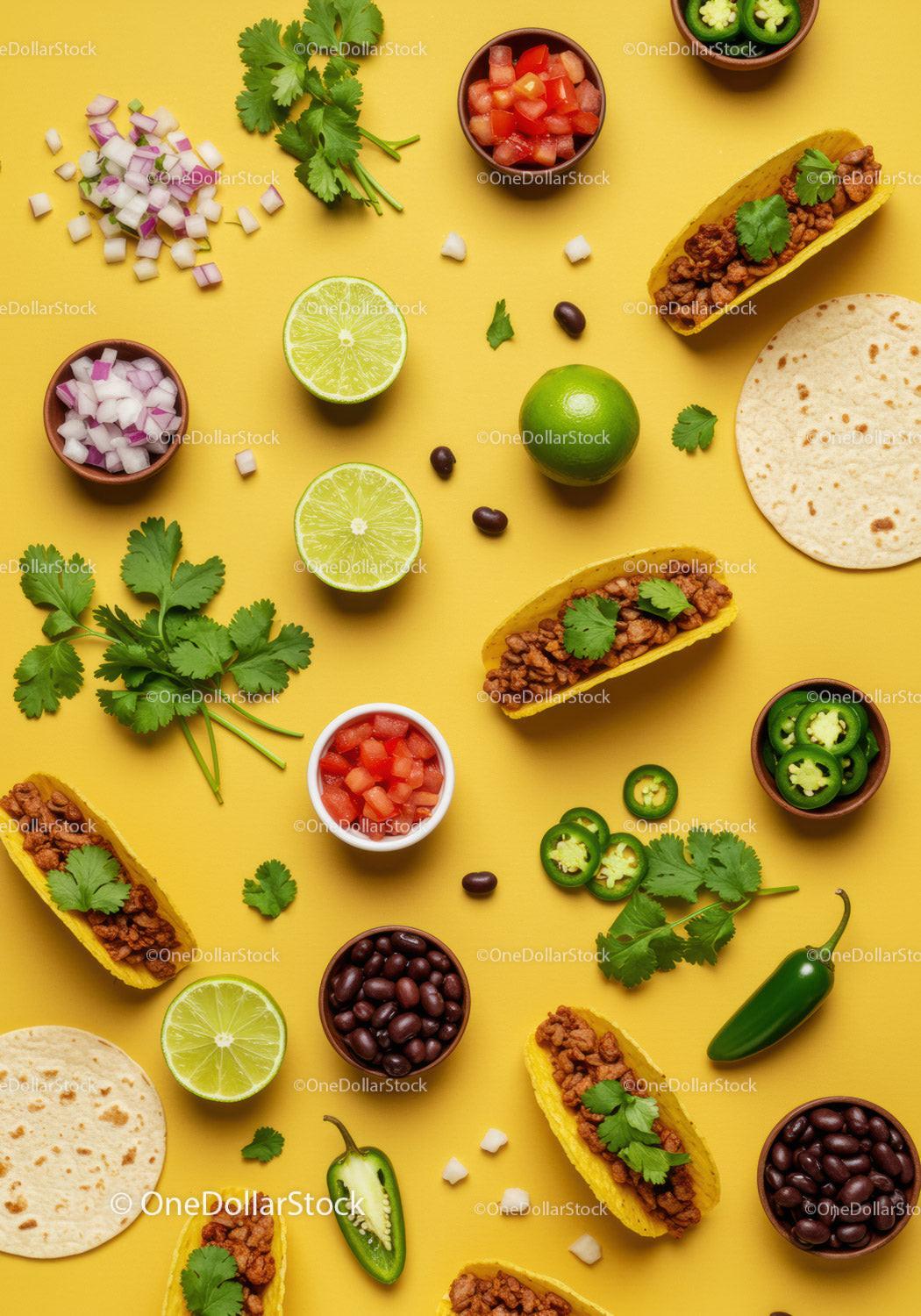 Flat Lay of Tacos with Fresh Ingredients on Yellow Background