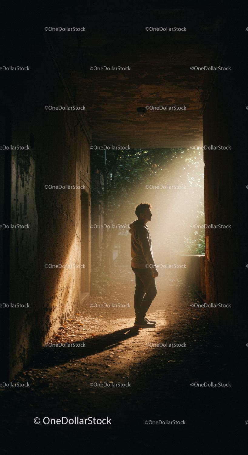 Man standing in sunlit urban passageway at dusk