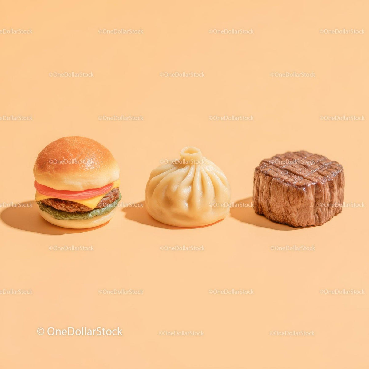 Gourmet Burger with Lettuce and Tomato Next to Grilled Steak and Dumpling Stock Photo Bundle preview 25
