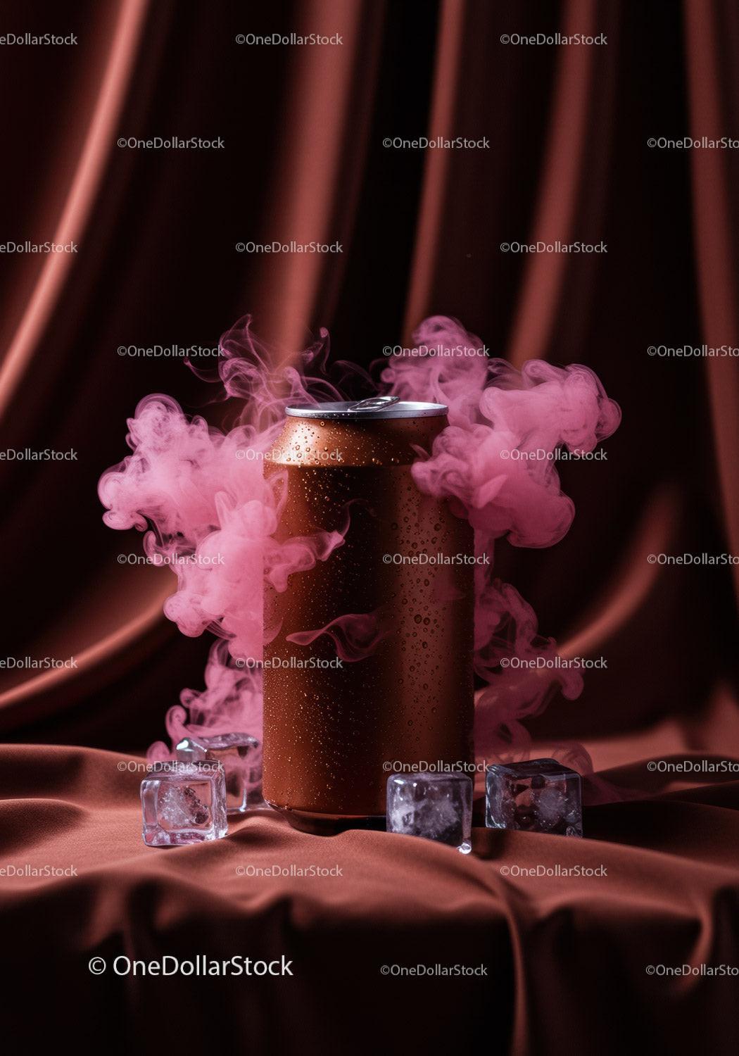 Chilled brown can with pink smoke and ice cubes