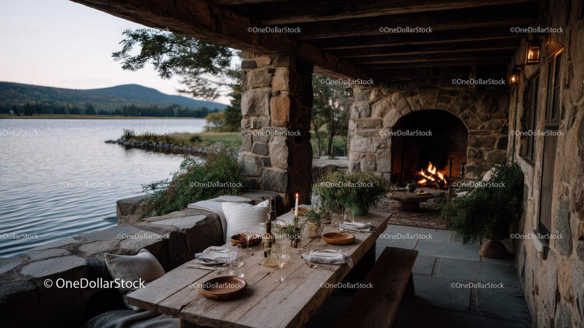 Cozy Riverside Cabin With Fireplace Overlooking Mountain Landscape Stock Photo Bundle creative preview 4