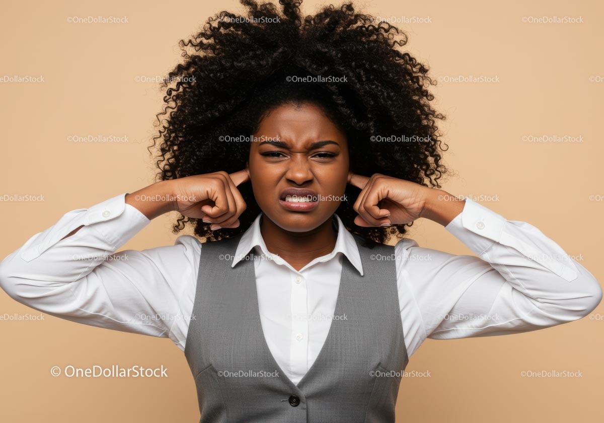 Frustrated Young Woman Covering Ears Expressing Stress and Anger
