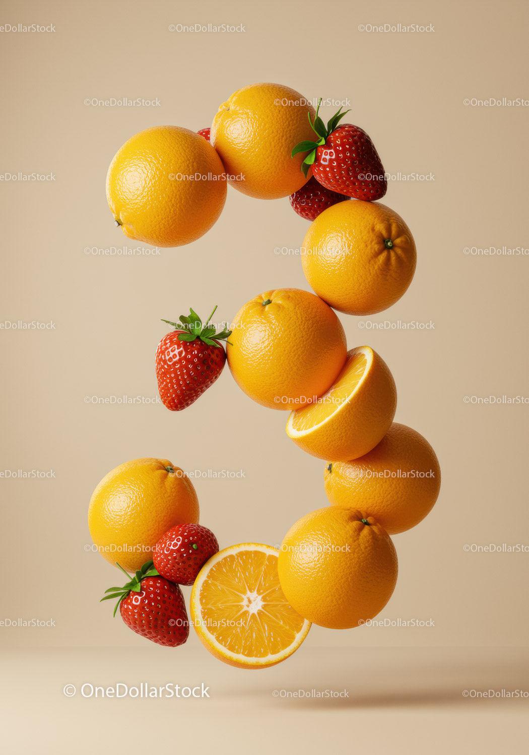 Fresh strawberries and oranges forming a vibrant number