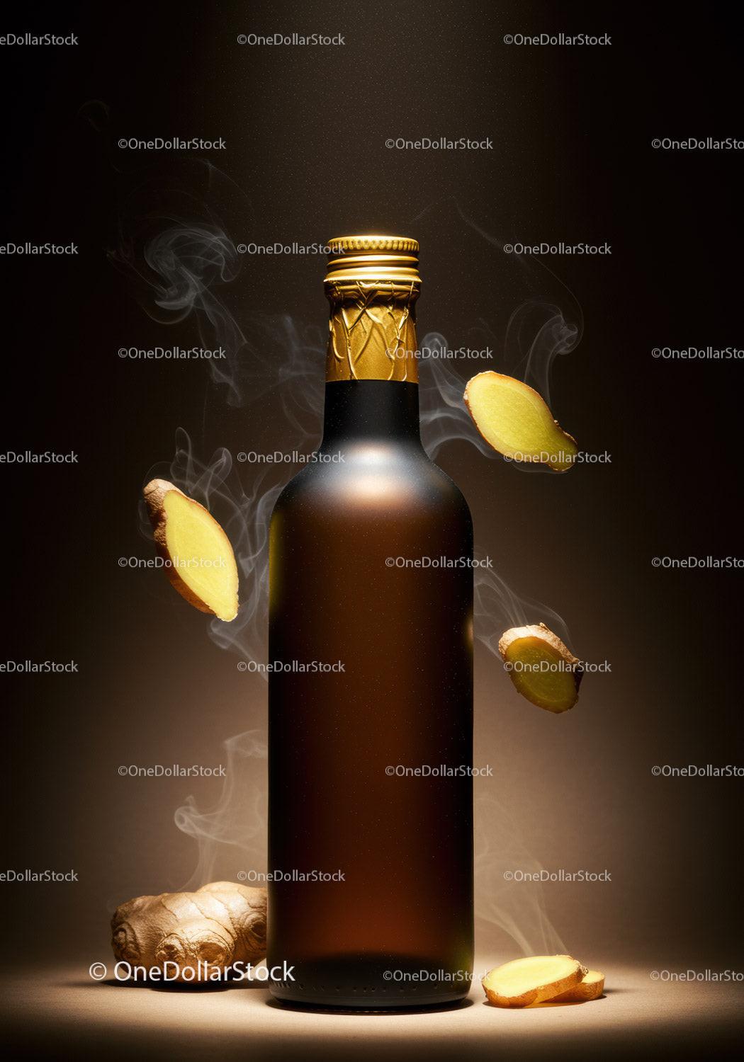 Brown bottle with ginger slices floating in steam