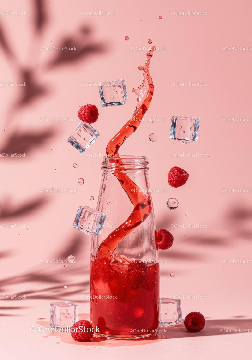 Refreshing raspberry drink splash with ice cubes