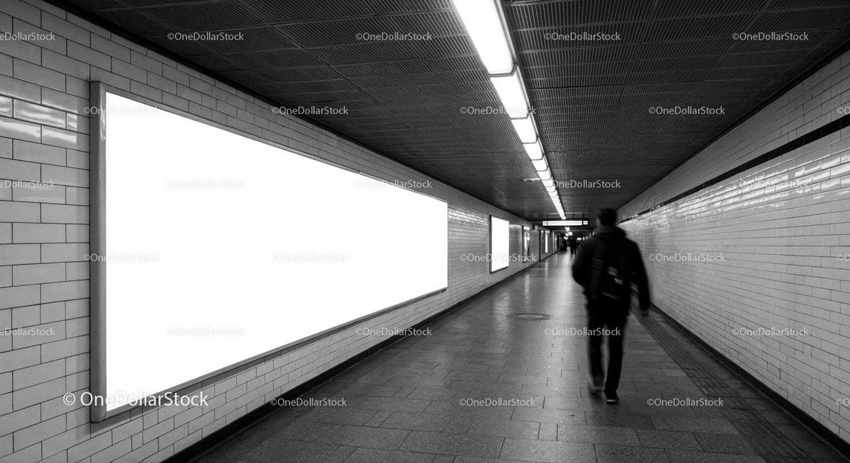 Modern Subway Tunnel with White Tiled Walls and Fluorescent Lighting JPG Mockup Image preview