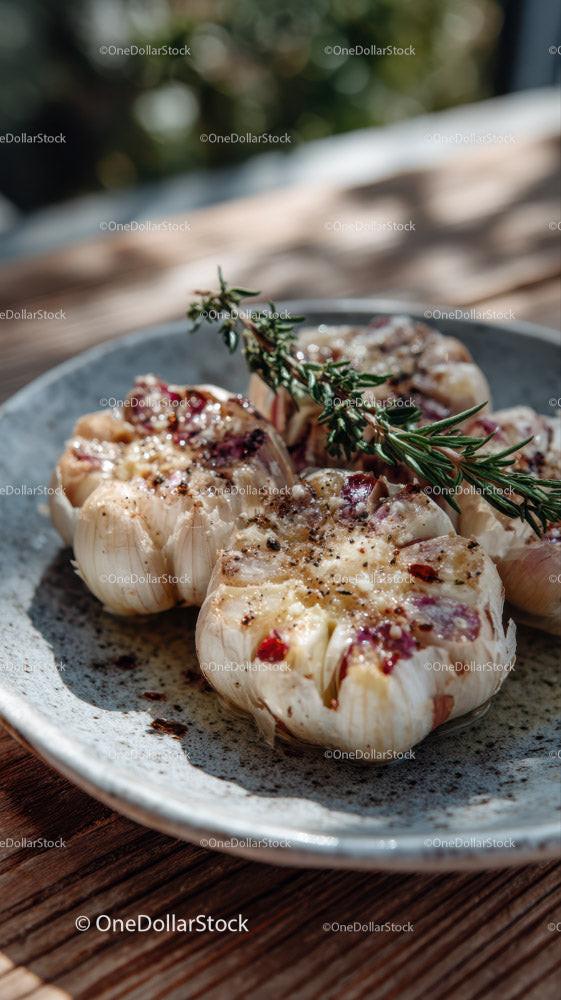 Roasted Garlic with Fresh Rosemary on Rustic Plate for Gourmet Food Photography