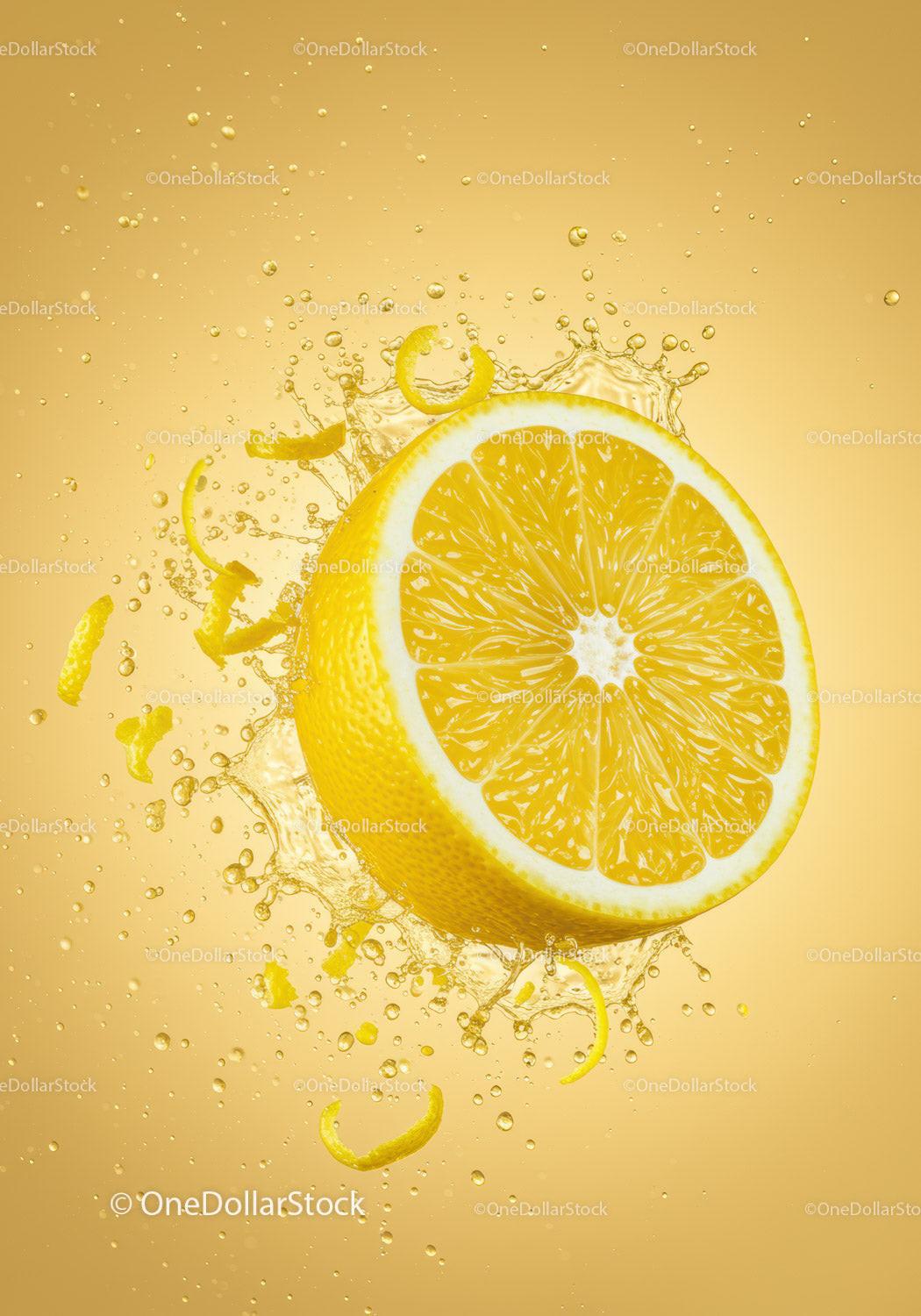 Fresh Lemon Half Splashing in Vibrant Yellow Liquid