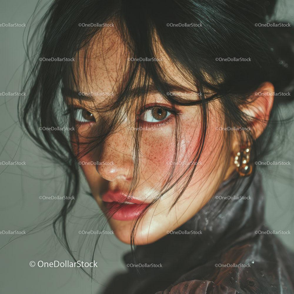Close-up of Young Woman with Freckles and Brown Eyes in Fashion Portrait