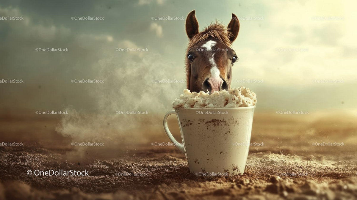 Small horse emerging from coffee mug filled with frothy foam on dusty surface