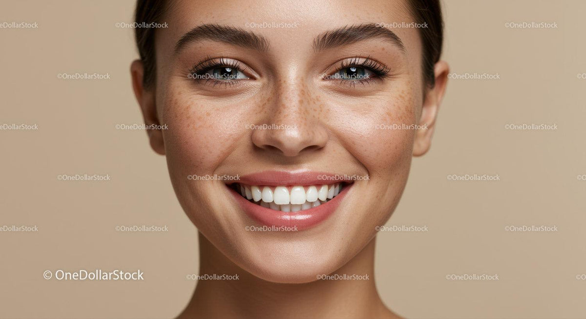 Close-up of young woman smiling with natural freckles