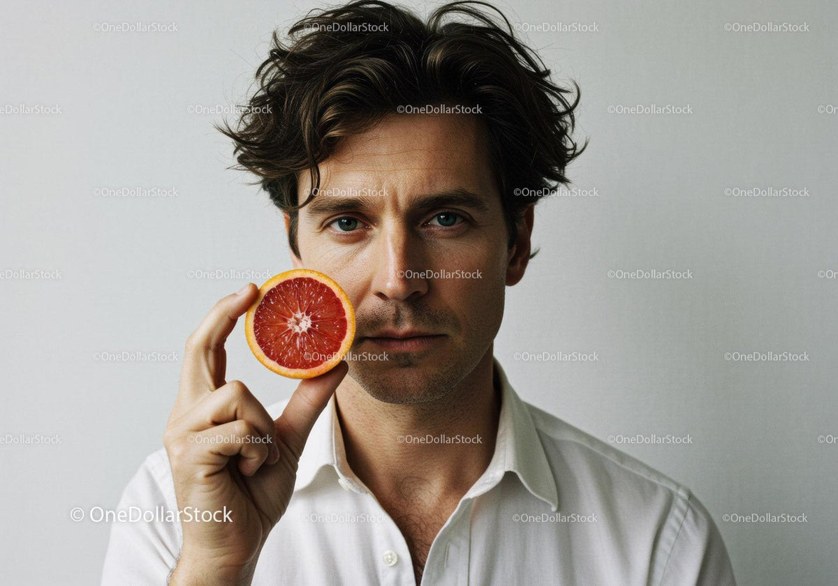 Close-up of Man with Bright Red Grapefruit Half in Hand for Healthy Lifestyle