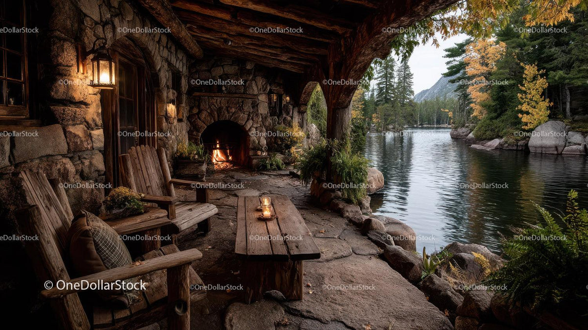 Rustic Riverside Cabin with Stone Fireplace Surrounded by Autumn Foliage Stock Photo Bundle preview 26