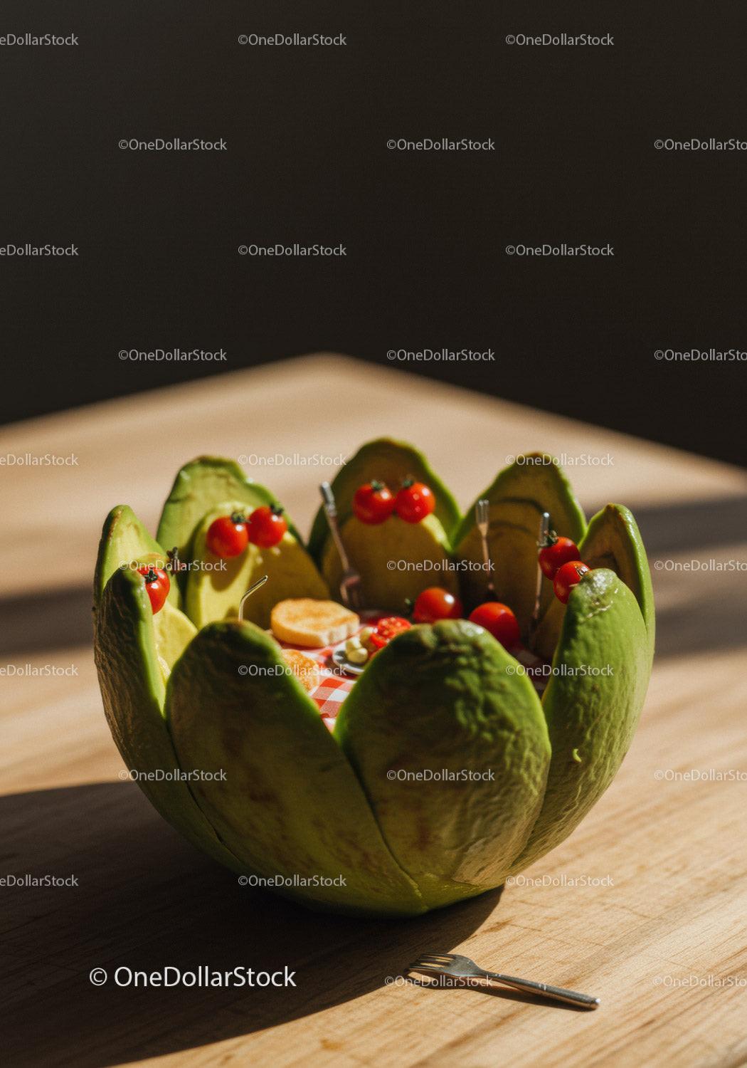 Miniature Picnic Scene Inside Avocado Bowl on Wood