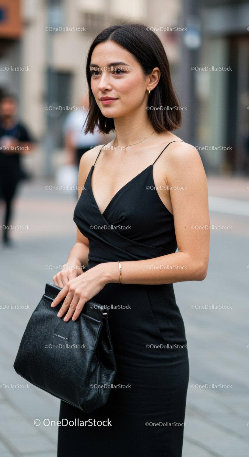 Elegant Woman in Black Dress Standing Outdoors in Urban Street Scene