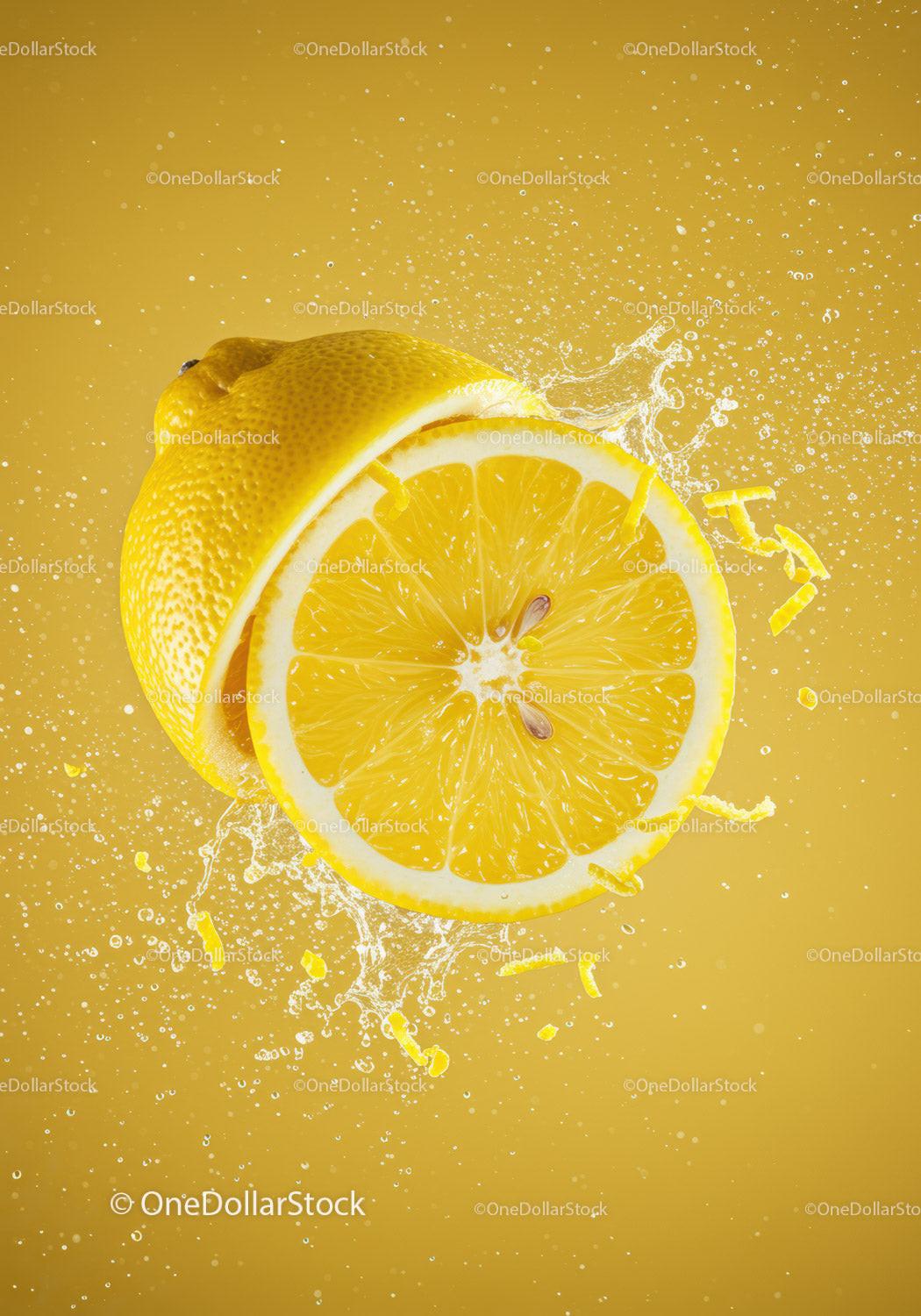 Fresh lemon slice with vibrant splash on yellow background