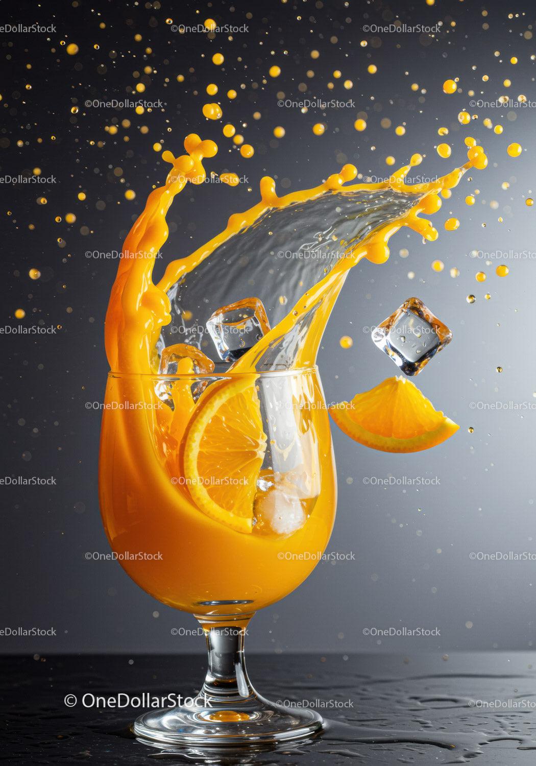 Refreshing orange juice splashing with ice cubes and fruit