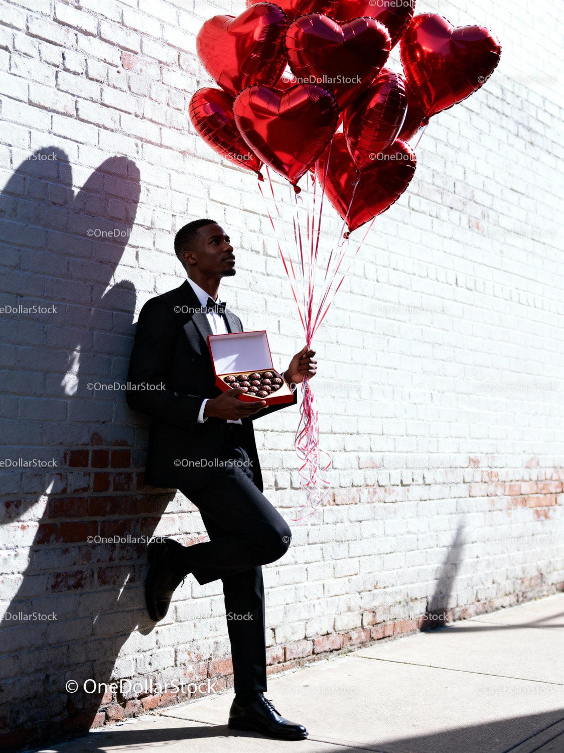 Man in Suit Holding Heart Balloons and Chocolates