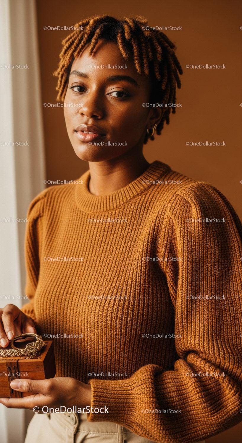 Elegant Portrait of a Young Woman in Cozy Brown Knit Sweater with Dreadlocks
