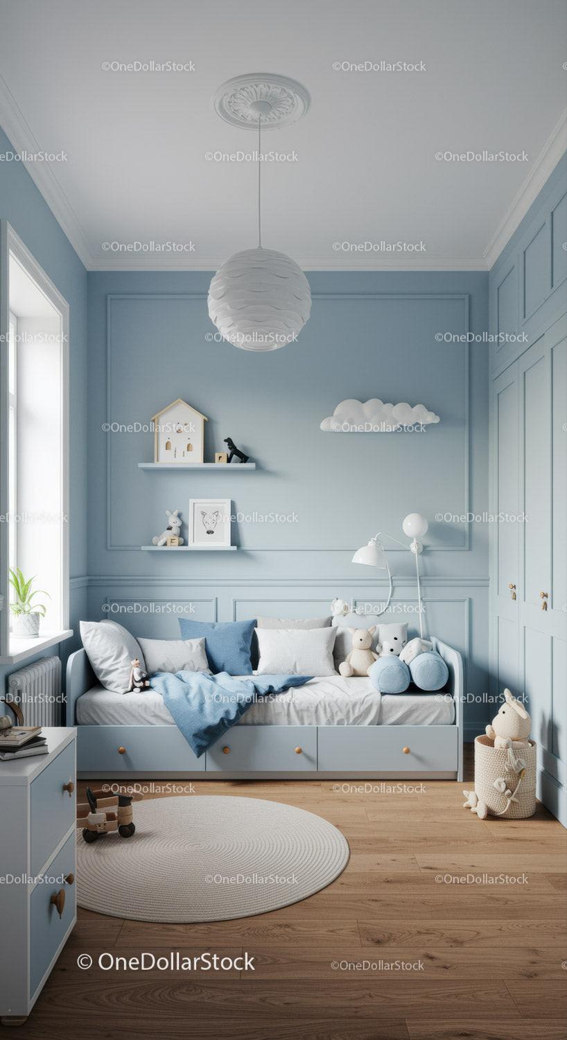 Modern Nursery Room with Pastel Blue Walls and Warm Wooden Floor