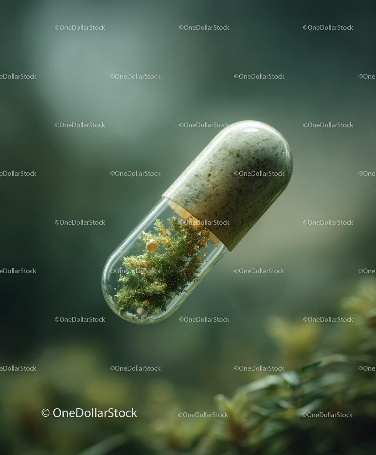 Transparent capsule containing a green plant with yellow flowers floating on blurred green background