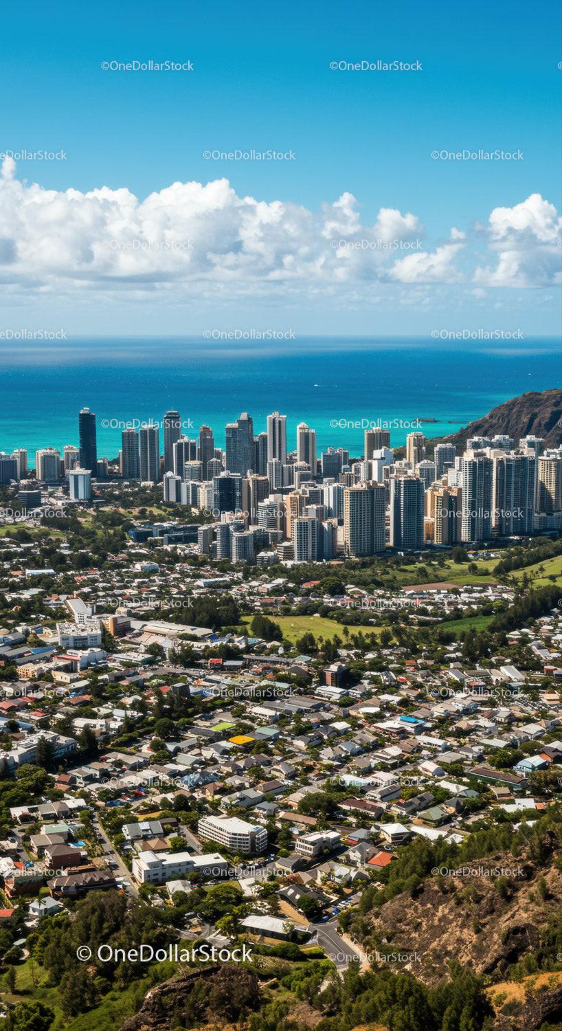 Bustling Downtown Skyline with Coastal Ocean and Mountain Backdrop