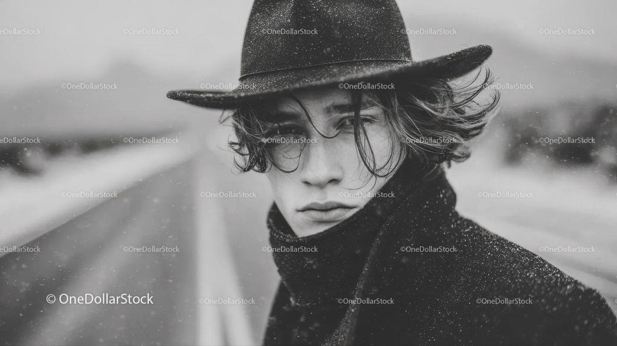 Moody Black and White Portrait of a Young Man in Cowboy Hat