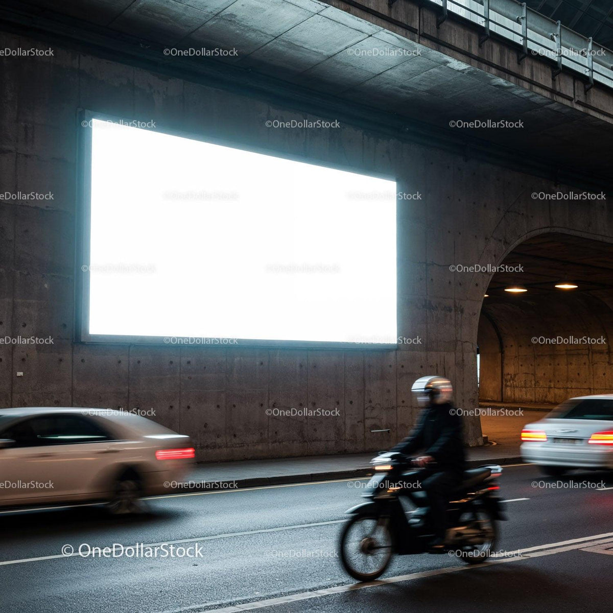 Motorcyclist and cars passing by illuminated billboard JPG Mockup Image preview