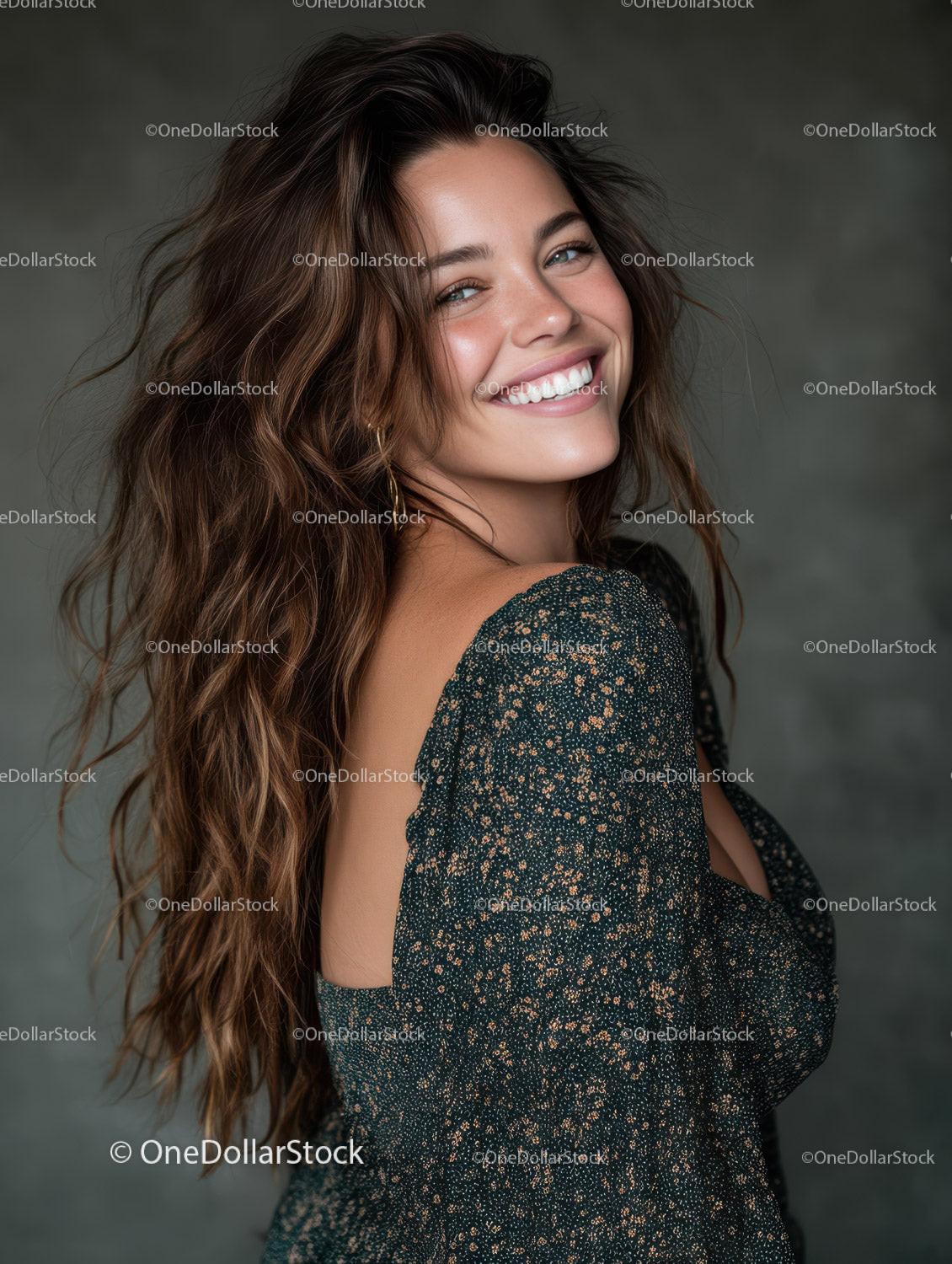 Bright Smiling Woman with Wavy Hair in Gold Glitter Dress