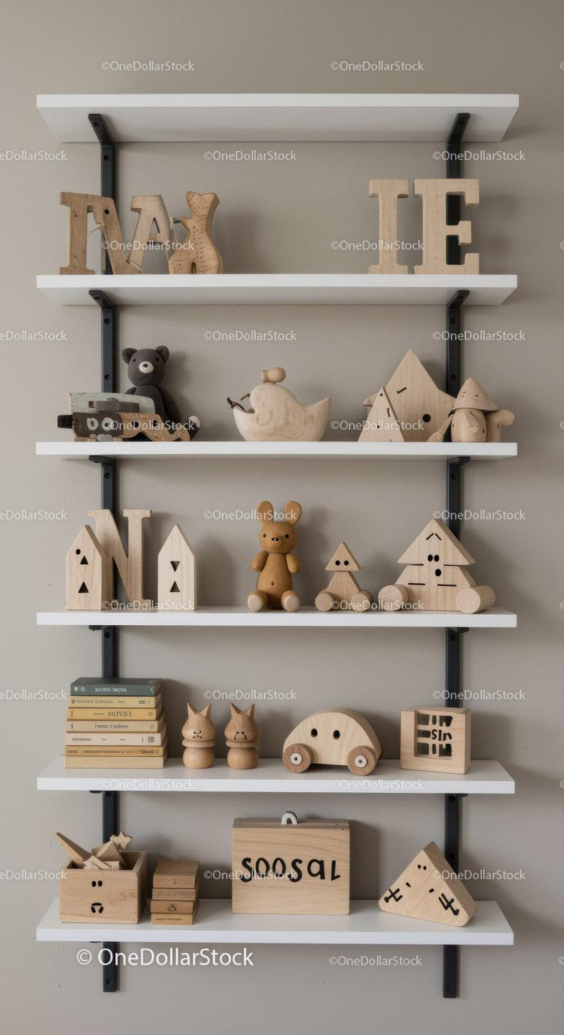 Children's Wooden Toy Shelf with Decorative Animal and House Figures