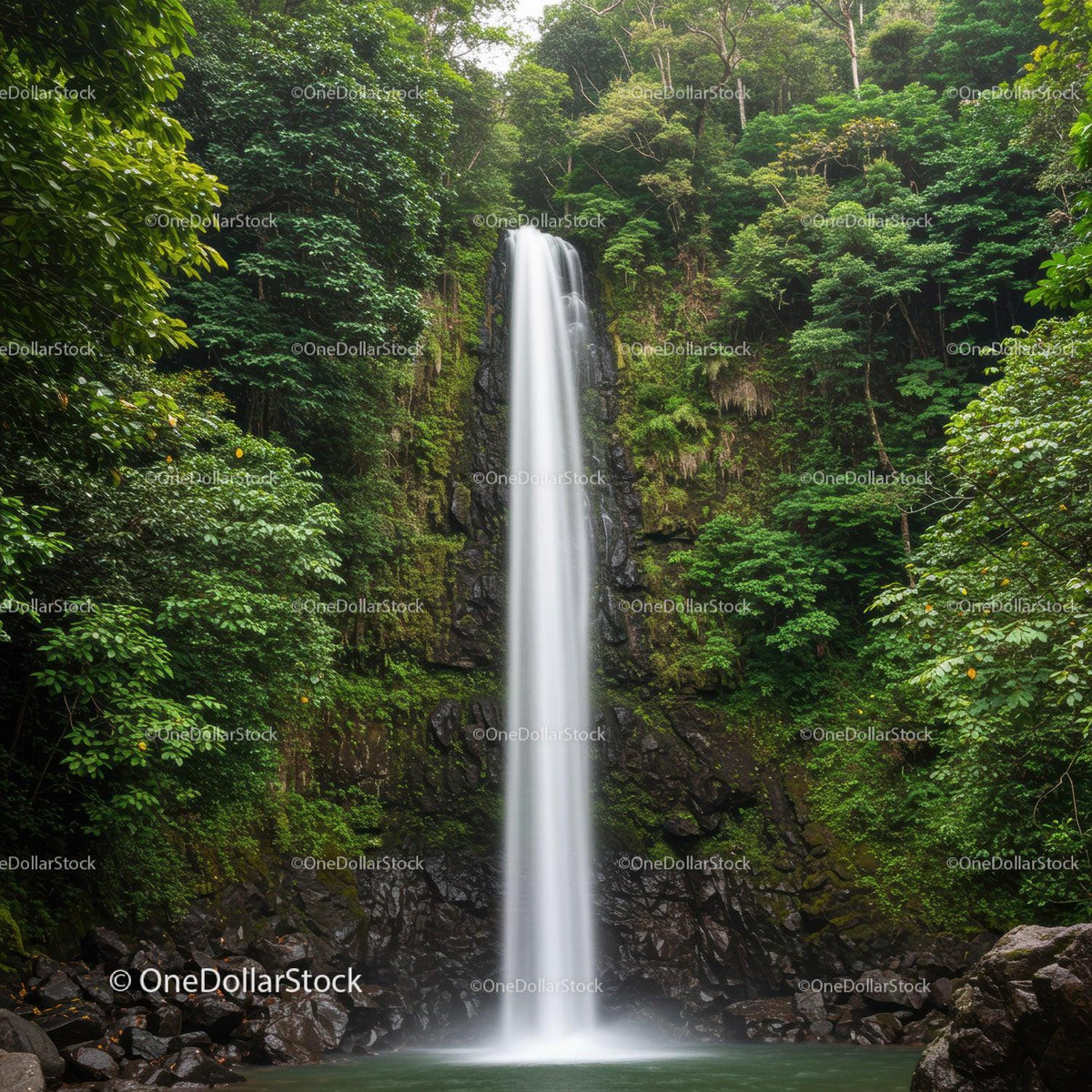 Tall Waterfall Cascading Through Dense Tropical Forest Landscape